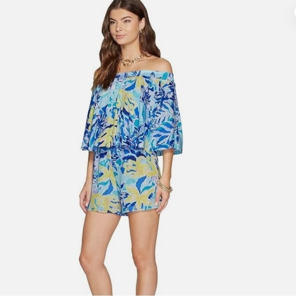 Lilly Pulitzer Blue Arbelle Tropical Print Off the Shoulder Romper - Picture 1 of 6